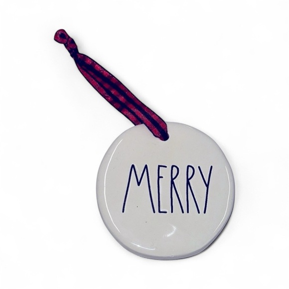 Rae Dunn ceramic Merry Holiday Ornament with Red Ribbon - Picture 1 of 4